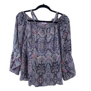 Parker Blouse Small Purple Blue Cold Shoulder Bell Sleeve Boho Smocked Shirt Top